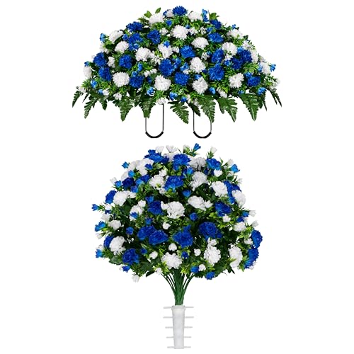 Sympathy Silks Artificial Cemetery Flowers - Gravesite Memorial Arrangment - Blue & White Garden Mums - (1) Saddle (1) Bouquet - color: Blue & White, size: (1) Saddle (1) Bouquet