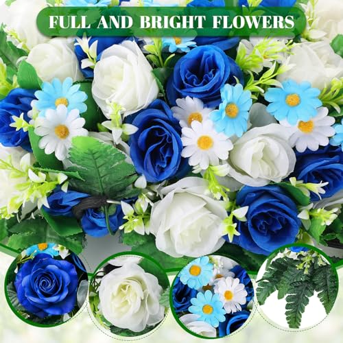 Artificial Cemetery Flowers, Saddle Headstones Decoration, Artificial Rose Daisy Bouquet Graveyard Memorial Flowers (Blue and White)