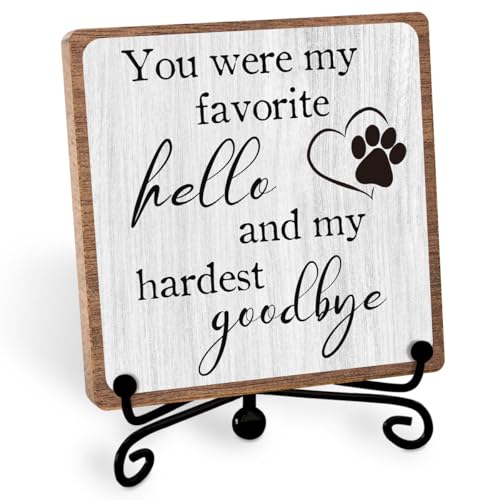 Pet Sympathy Gift for Women, Desk Shelf Decor for Loss of Loved One, 5×5 | Remembrance of Dog Cat, Condolence Gifts for Friend, Pet Memorial Bereavement Healing Keepsake for Dog Loss, Wooden Sign - style: Hello goodbye