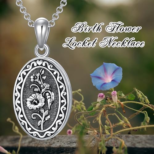 Birth Flower Photo Locket Necklace 925 Sterling Silver 12 Month Locket Necklace with Picture Birth Flower Photo Jewelry Gifts for Women Mother Mom Daughter - color: 09--September-Morning glories, style: 1.no custom