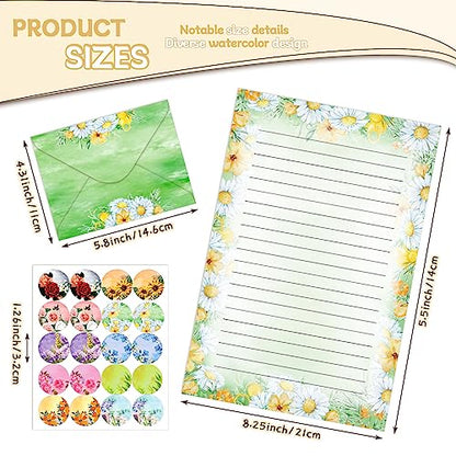 TaoBary 160 Pcs Flower Stationery Paper and Envelopes Set 50 Double Sided Lined Stationery Paper with 50 Matching Envelopes and 60 Round Dot Sticker 5.5 x 8.25'' Letter Writing Kit, 10design - size: 5.5 x 8.25 Inch, style: Flower