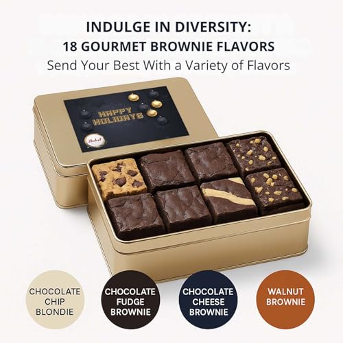 Holiday Gift Baskets - 18 Individually Wrapped Brownies Freshly Baked in a Variety of Flavors - Dulcet's Signature Flavored Fudge Brownies Christmas Gift Baskets for Families - Gift Box Comes with Season Greetings Card - style: Holiday