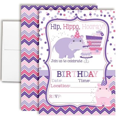 Amanda Creation Hippo Birthday Invitations for Girls, 20 Pack 5x7 Fill-In Party Cards with White Envelopes, Hip Hippo Hooray Cute Animal Design, Made in USA - color: Hip Hippo Hooray Hippopotamus