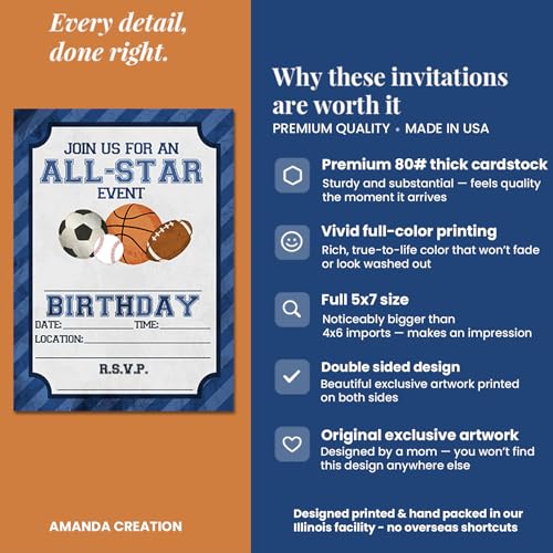 Blue All Star Sports-Themed Birthday Party Invitations for Boys, 20 5x7 Fill In Cards with Twenty White Envelopes by AmandaCreation - style: Blue All Star