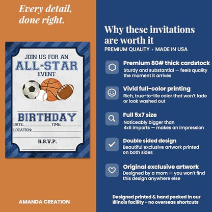 Blue All Star Sports-Themed Birthday Party Invitations for Boys, 20 5x7 Fill In Cards with Twenty White Envelopes by AmandaCreation - style: Blue All Star