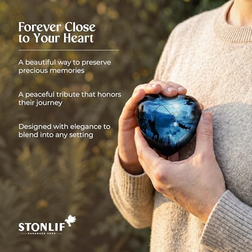 Gone Fishing Heart Urn for Human Ashes Adult Male Female - Small Keepsake Heart Shaped Cremation Urn for Dad, Men - Blue Decorative Memorial Urn with Stand, Velvet Bag and Funnel - size: Small Heart