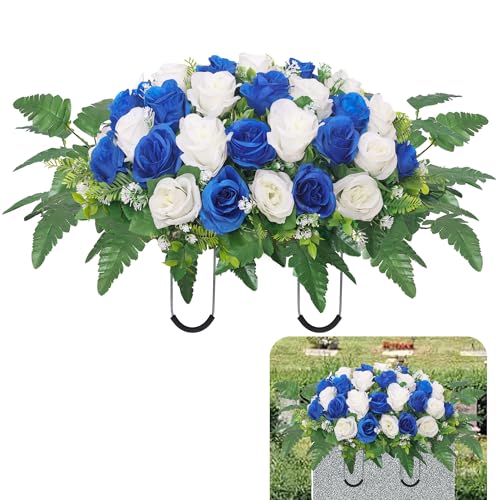 Cemetery Headstone Flower Saddle,Artificial Cemetery Flower Saddles for Graves,Artificial Rose Cemetery Memorial Flowers for Outdoor Tombstone Headstone Decorations (Dark Blue) - color: Dark Blue