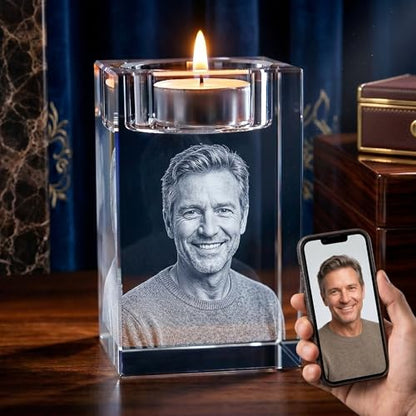 Memorial Photo Crystal Candle Holder – 3D Laser Engraved K9 Keepsake – in Memory of Parent, Spouse, Child, Pet – Custom Remembrance Crystal (Medium) - size: Medium