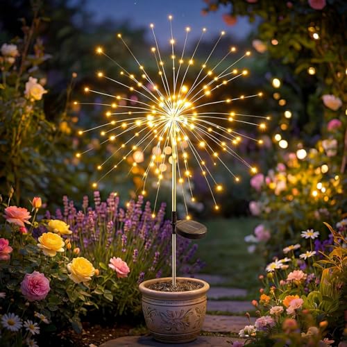 Solar Firework Light, 1 Pack 120 LEDs 8 Lighting Modes Solar Fairy Garden Lights Outdoor Waterproof for Yard Patio Walkway Pathway Party Wedding Balcony Decorative- Warm White - color: Warm White, size: 1 Pack