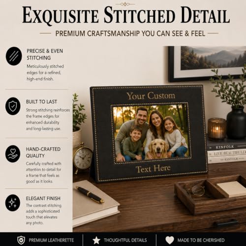 CustomGiftsNow Personalized Add Your Custom Text Engraved Leatherette Faux Leather Hanging/Tabletop Personalized Group Family Photo Picture Frame (Black/Gold, 4x6-Inch Vertical) - color: Black/Gold, size: 4x6-inch Vertical