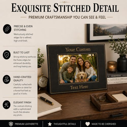 CustomGiftsNow Personalized Add Your Custom Text Engraved Leatherette Faux Leather Hanging/Tabletop Personalized Group Family Photo Picture Frame (Black/Gold, 4x6-Inch Vertical) - color: Black/Gold, size: 4x6-inch Vertical