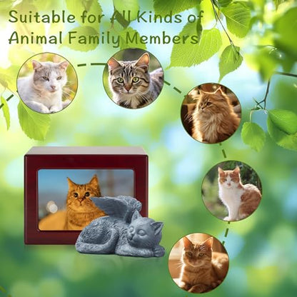 Cat Urn for Ashes, Wooden Keepsake for Ashes with Photo Frame | Cherry Red Cremation Box with Resin Angel Statue and Sealed Storage Bags (60lbs)