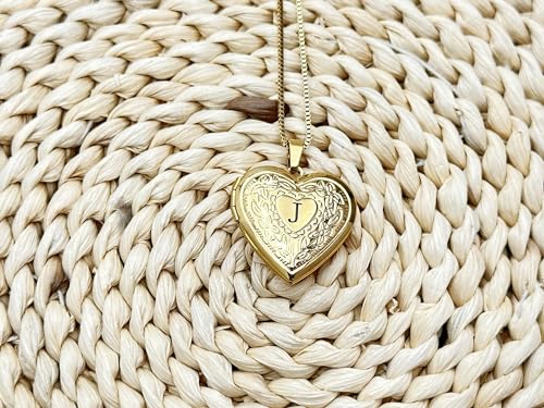 GOKING Love Heart Memory Locket Necklace Holds Pictures for Women - color: Letter J
