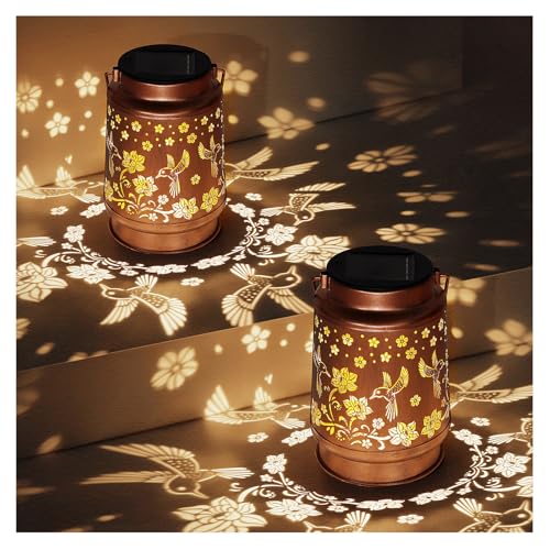 2 Pack Solar Lanterns Outdoor Waterproof Hummingbird Garden Decor Birthday Gifts for Women Mom Grandma Hanging Solar Lights Metal Solar Decoration Outside for Yard,Patio,Backyard,Porch - style: B. 2 Pack Hummingbird Lantern