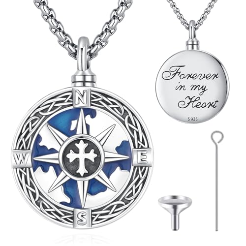 Urn Necklace for Ashes for Women/Men 925 Sterling Silver Cremation Jewelry w/Funnel Filler Memorial Jewelry Gifts - color: D-Compass 4, style: Non - Customized