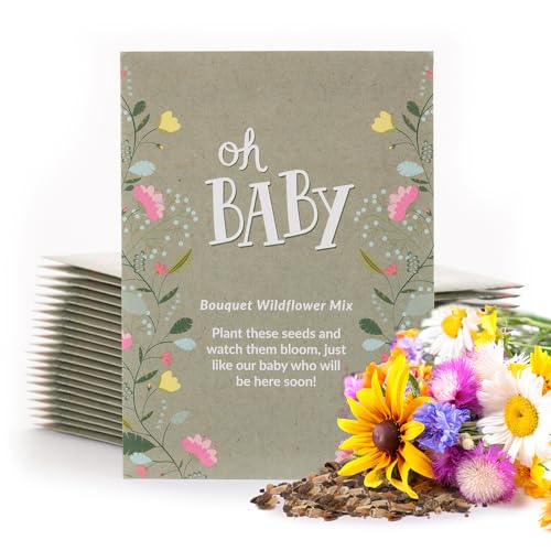Oh Baby Seed Packets|Girl or Boy Baby Shower Favors for Guests | 25 Wildflower Seed Packets | Pre-Filled | Bouquet Wildflower Mix | Non-GMO Seeds | Gender Neutral | Eco-Friendly Gift - style: Oh Baby Taupe