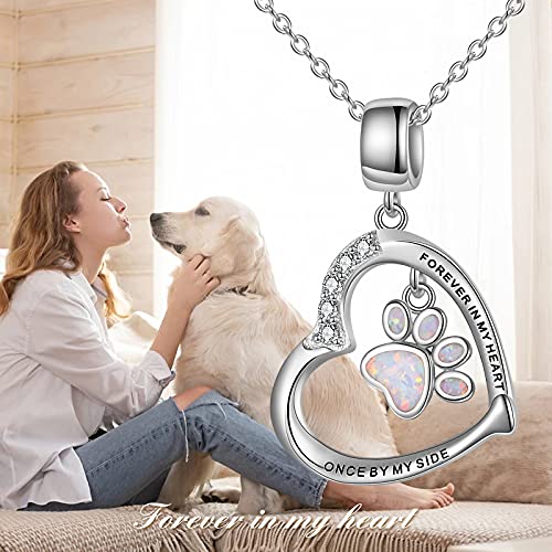 YFN Paw Print Necklace Sterling Silver Dog Cat Charms Pendant Cremation Jewelry Cat Dog Memorial Gifts for Women Girls - color: White Opal