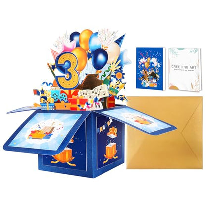 GREETING ART Happy 3rd Birthday Pop Up Card,Funny Guitar Ballons Box Themed - color: 3rd