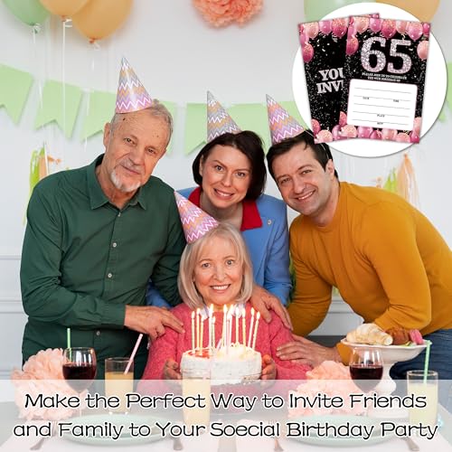65th Birthday Invitations - Pink Glitter Bday Invites with Envelopes(25-Count) - Balloon Theme Fill-in Invite Cards for Party Supplies Favors Decorations - G05 - style: Pink Balloon 65th