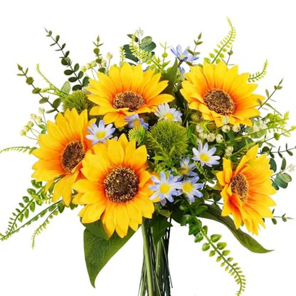 15" Sunflowers Artificial Flowers 25 Branches Grave Flowers for Cemetery | Faux Sunflowers Silk Summer Flowers Arrangements for Vase Bridal Bouquets Wedding Centerpieces Home Kitchen Table - color: Yellow,blue