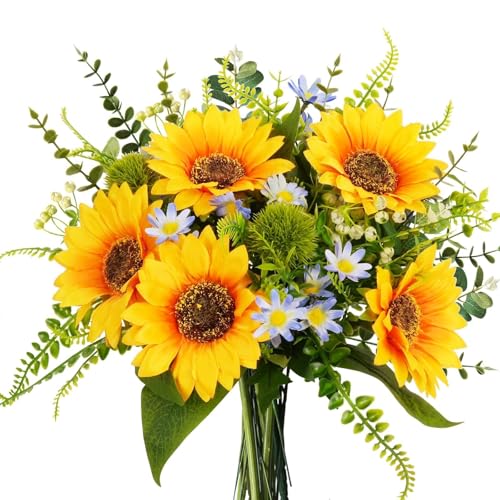 15" Sunflowers Artificial Flowers 25 Branches Grave Flowers for Cemetery | Faux Sunflowers Silk Summer Flowers Arrangements for Vase Bridal Bouquets Wedding Centerpieces Home Kitchen Table - color: Yellow,blue