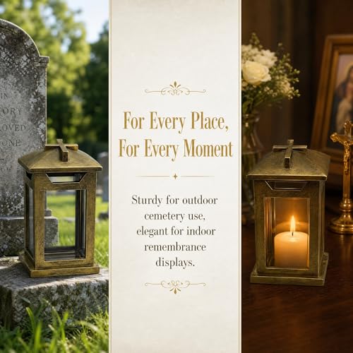 Cross Memorial Lantern - Antique Copper Resin Outdoor Cemetery Lantern with Real Glass, Christian Sympathy Gift for Loss of Loved One