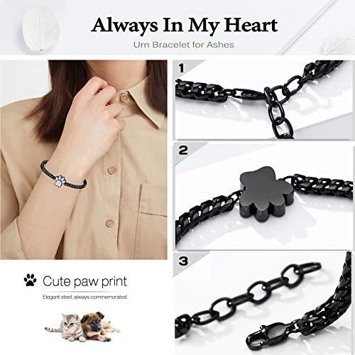 zeqingjw Urn Bracelet for Pets Ashes Pet Cremation Jewelry Stainless Steel Paw Print Pet Memorial Bracelet Pet/Dog's/Cat's Ashes Keepsake for Women Men - color: Black