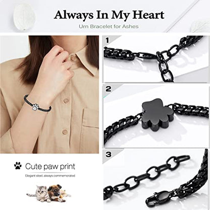 zeqingjw Urn Bracelet for Pets Ashes Pet Cremation Jewelry Stainless Steel Paw Print Pet Memorial Bracelet Pet/Dog's/Cat's Ashes Keepsake for Women Men - color: Black