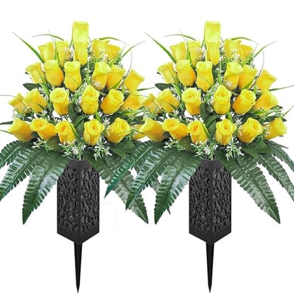Mirevielyn 2-Pack 24-Stem Artificial Rose Cemetery Flowers with Vases - color: Yellow (Warm Memory)