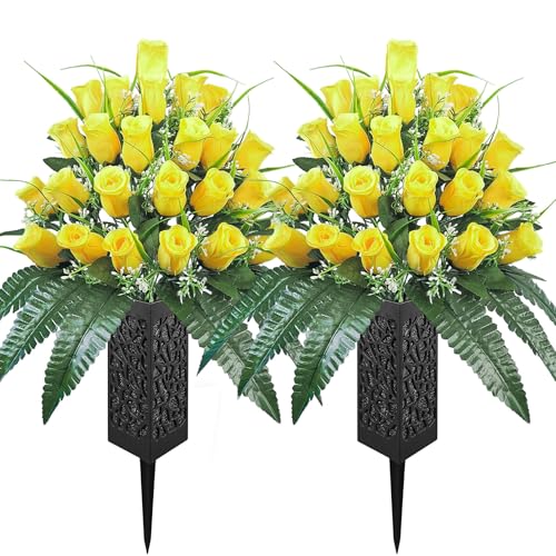 Mirevielyn 2-Pack 24-Stem Artificial Rose Cemetery Flowers with Vases - color: Yellow (Warm Memory)