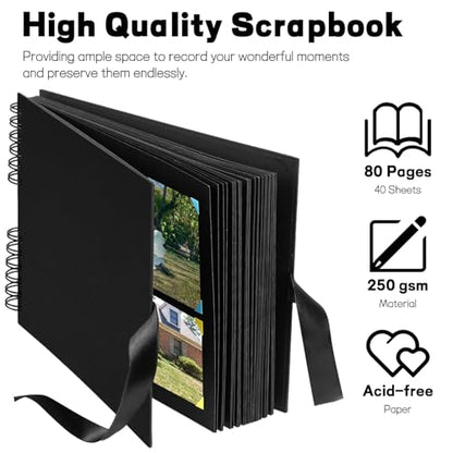 Mauproy 11.5 x 8.5 Inch Black Scrapbook Album, 80 Pages | Photo Album with Black Pages, Kraft Paper Hardcover Memory Book with DIY Accessories Kit for Birthday, Wedding, Travel - size: 11.5 x 8.5 Inches