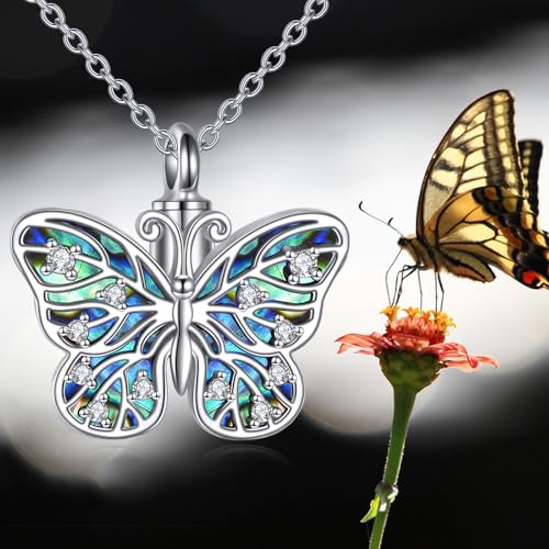 Butterfly/Dragonfly/Pet Paw/Tree of Life/Maple Leaf/Cross Urn Necklace for Ashes 925 Sterling Silver Cremation Pendant Jewelry Gifts for Women Mom - color: Butterfly