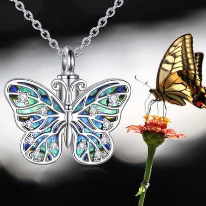 Butterfly/Dragonfly/Pet Paw/Tree of Life/Maple Leaf/Cross Urn Necklace for Ashes 925 Sterling Silver Cremation Pendant Jewelry Gifts for Women Mom - color: Butterfly