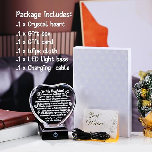 Arikyrist Gifts for Boyfriend from Girlfriend Crystal Heart Keepsake | Anniversary Birthday Gifts for Him Bf, LED Light Base, to My Boyfriend Plaque, on Christmas Fathers Day Valentine's Day - color: Boyfriend