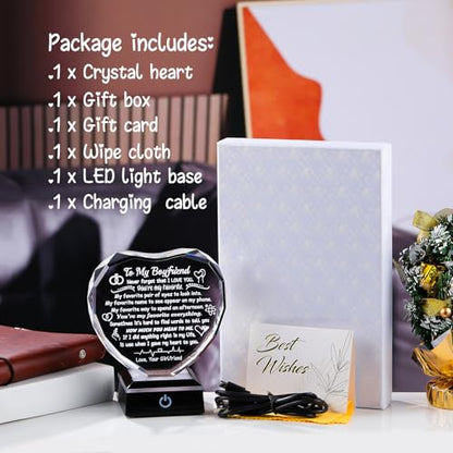 Arikyrist Gifts for Boyfriend from Girlfriend Crystal Heart Keepsake | Anniversary Birthday Gifts for Him Bf, LED Light Base, to My Boyfriend Plaque, on Christmas Fathers Day Valentine's Day - color: Boyfriend