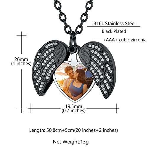 Custom4U Personalized Heart Locket Necklace with Pictures,Sunflower/Angel Wings/Heart Shaped Lockets Custom Photo,Gold/Rose Gold/White Lockets That Holds Picture,Customized Memorial Jewelry for Women - color: B-Angel Wings-Black(Locket + Photo + Engraving