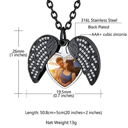 Custom4U Personalized Heart Locket Necklace with Pictures,Sunflower/Angel Wings/Heart Shaped Lockets Custom Photo,Gold/Rose Gold/White Lockets That Holds Picture,Customized Memorial Jewelry for Women - color: B-Angel Wings-Black(Locket + Photo + Engraving
