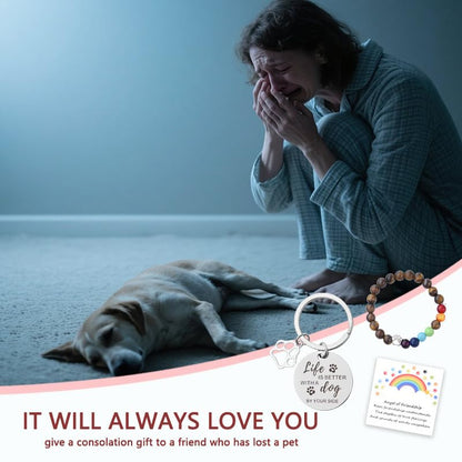 Sisadodo Rainbow Bridge Dog Memorial Gifts for Loss of Dogs Cats Rainbow Bridge Bracelet Keychains Paw Crystal Sun Catcher - color: Keychain Bracelet and Rainbow Card