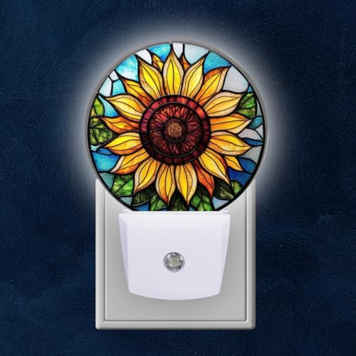Round LED Night Lights Lamp with Dusk to Dawn Sensor, Yellow Sunflower in The Center Night Light Plug Into Wall for Kids Room, Bedroom, Bathroom, Kitchen, Hallway - color: Yellow Sunflower in The Center, size: Small