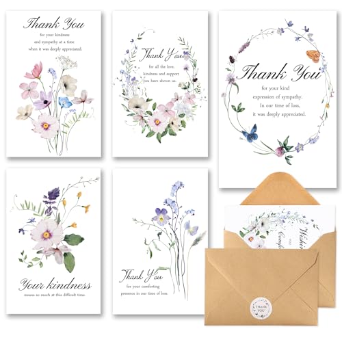 C2U Funeral Thank You Cards with Envelopes(20 Pack 4"x6"),Stickers & Message Inside - Wildflower Bereavement Sympathy Thank You Cards for Funeral Family Friends Loved Ones - color: 20 Wildflower cards