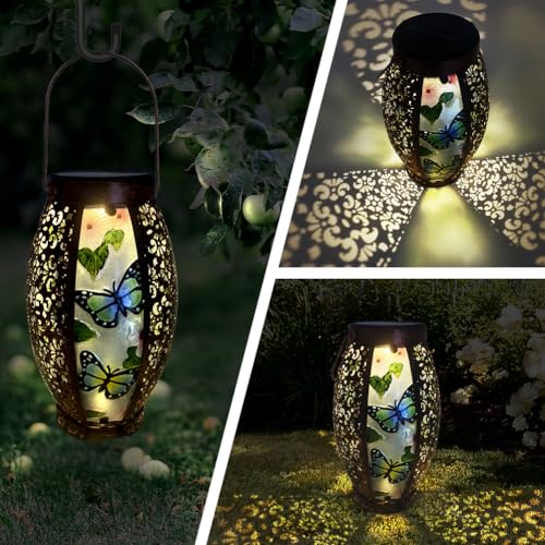 Hanging Solar Lantern Waterproof Garden Light Butterfly-New | Glass & Metal, Tabletop Light with Hollowed-Out Design for Garden Patio Table Decor, Gifts for Friends and Family - style: Butterfly-New