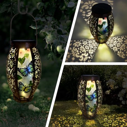 Hanging Solar Lantern Waterproof Garden Light Butterfly-New | Glass & Metal, Tabletop Light with Hollowed-Out Design for Garden Patio Table Decor, Gifts for Friends and Family - style: Butterfly-New