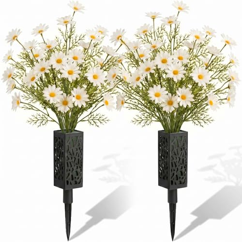 Suncalla 2 Set 26 Inch Cemetery Flowers for Grave, White Daisy Flowers Artificial Faux Wildflowers Bouquets for Spring Home Decorations, Holiday Bush, Indoor Floral, Cemetery Flower - style: Daisy