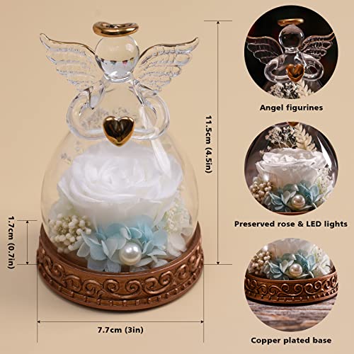 Preserved Real Rose in Glass Angel Figurine with LED Light, Angel Gifts for Women, Mom, Grandma on Mother's Day Christmas Birthday (White) - color: White