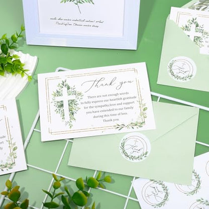 FYSUIMU 24 Pcs Funeral Thank You Cards with Envelopes & Stickers 4×6 Inch Watercolor Eucalyptus Leaves Sympathy Bereavement Card for Memorial Service Family Friends Loved Ones Celebration of Life