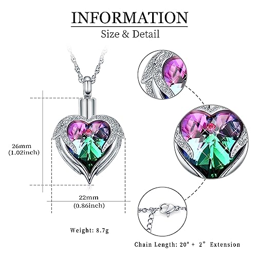 shajwo Angel Wing Heart Urn Necklace for Ashes | Cremation Jewelry, For Women, Memorial, Human Pet Ashes Pendant - color: Silver-Purple Green