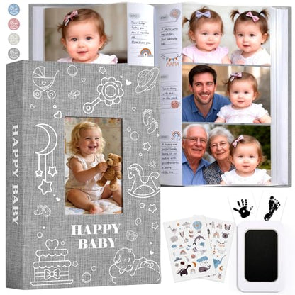 Baby Photo Album 4x6 300 Pockets with Memo Area, Photo Stickers & Hand and Footprint Kit, Linen Cover Baby Memory Book with Front Window, First Year Keepsake for Newborn Boy Girl - color: Gray