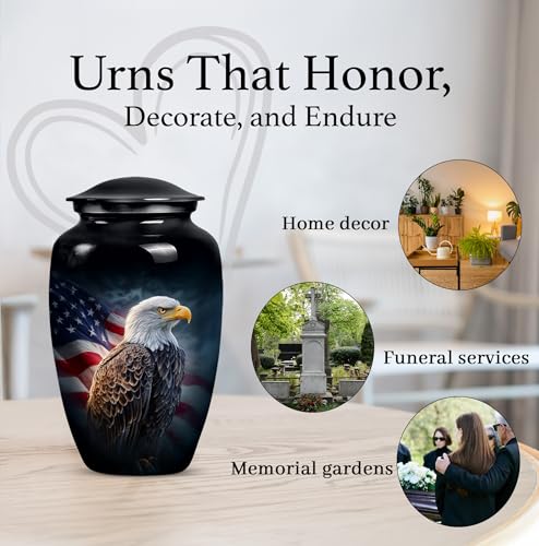 American Flag Eagle Urn for Ashes Adult Male, Patriotic Funeral Urns for Human Ashes Adult Female, Black Military Urn for Ash Mom & Dad (Large, 10 Inch) - color: Patriotic American Flag Eagle