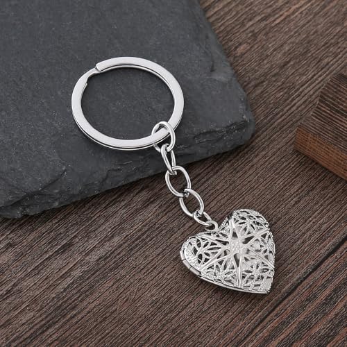 2PCS Elegant Heart Locket Keychain with Decorative Chain Stainless steel, Heart Pattern Design, Photo Frame Pendant - color: Heart-9