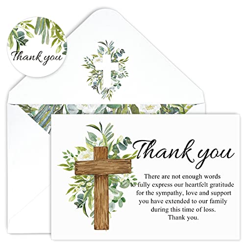 AnyDesign 48Pcs Funeral Thank You Cards Sympathy Thank You Cards with Stickers Envelopes Watercolor Greenery Cross Bereavement Card with Message for Memorial Service Loved Ones Celebration of Life